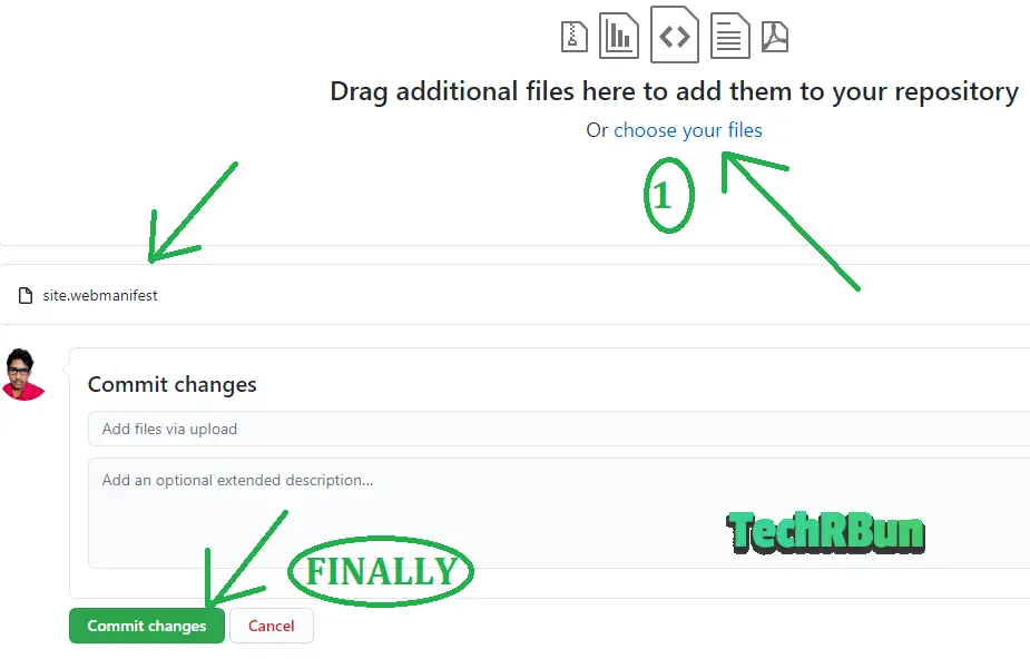 Upload the site.webmanifest file by clicking on commit changes