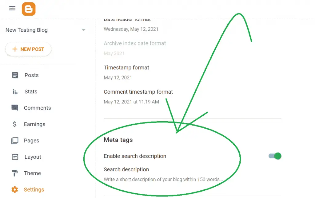 Turn on the search description meta tag on blogger.