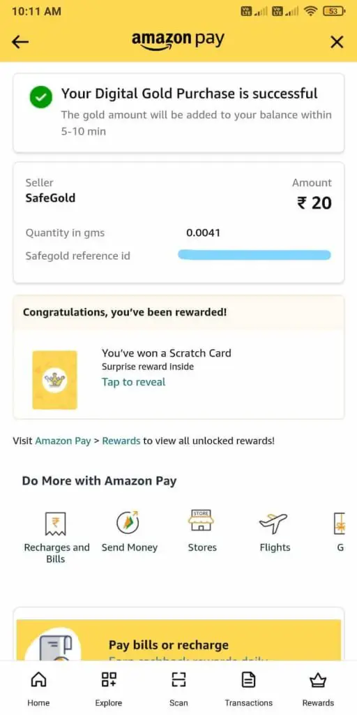 Amazon Pay Digital Gold Purchase Confirmation
