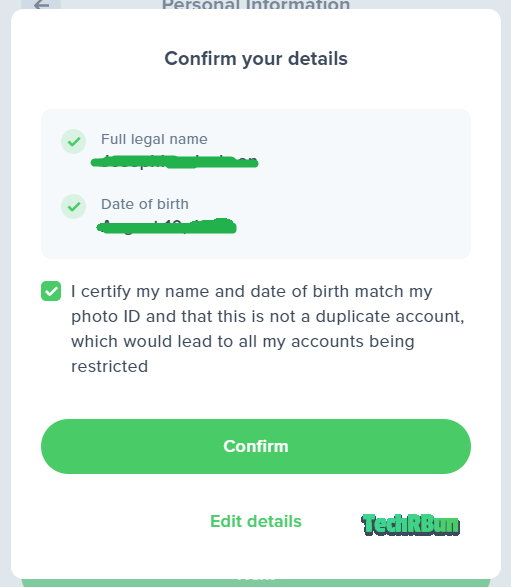 Confirm Uphold Registration Details