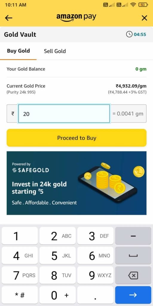 Enter the amount of digital gold that you want to buy.
