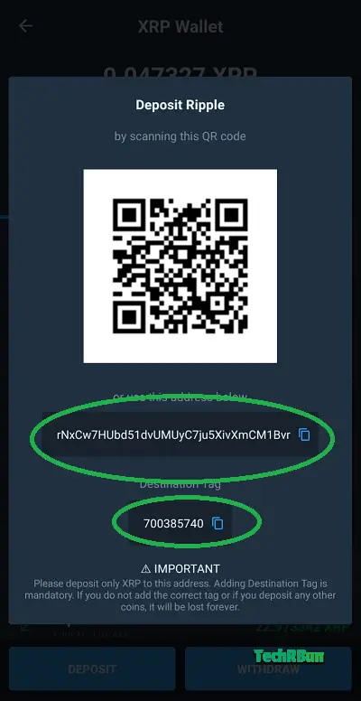 Copy XRP wallet address and destination tag from WazirX.