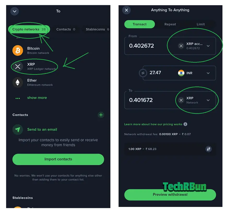 Send XRP from Uphold to external XRP wallet (in WazirX) through XRP Network.
