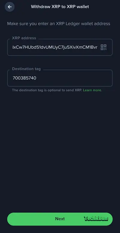Paste the XRP wallet address and destination tag.