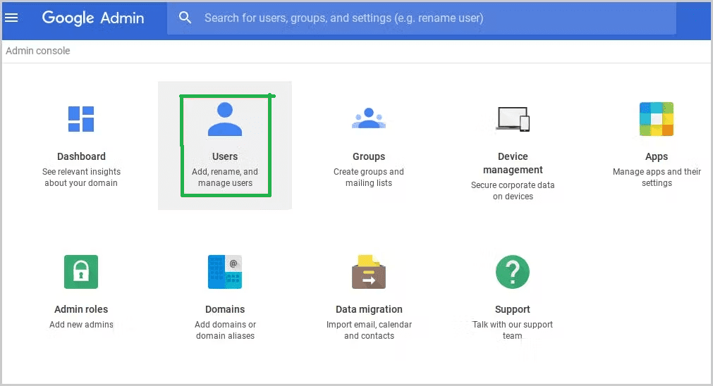 Google admin console dashboard: Users option