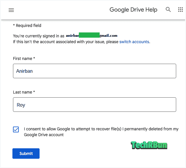 Google Drive permanently deleted files recovery form.