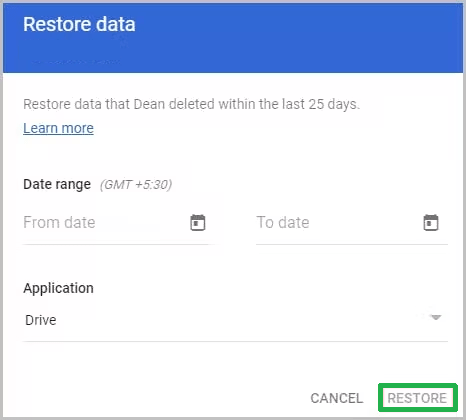 Restore permanently deleted google drive data google admin console