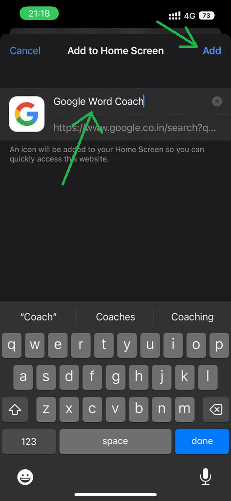 Add Google Word Coach To The Home Screen With A Custom Name - "Google Word Coach"