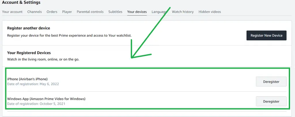 Prime Video registered devices.