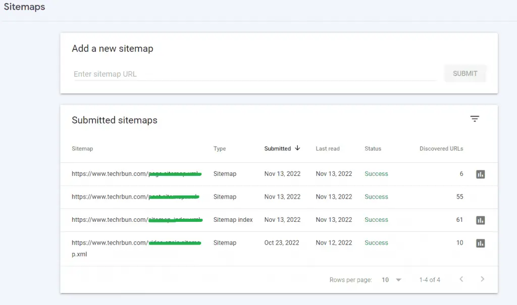 List of submitted sitemaps.