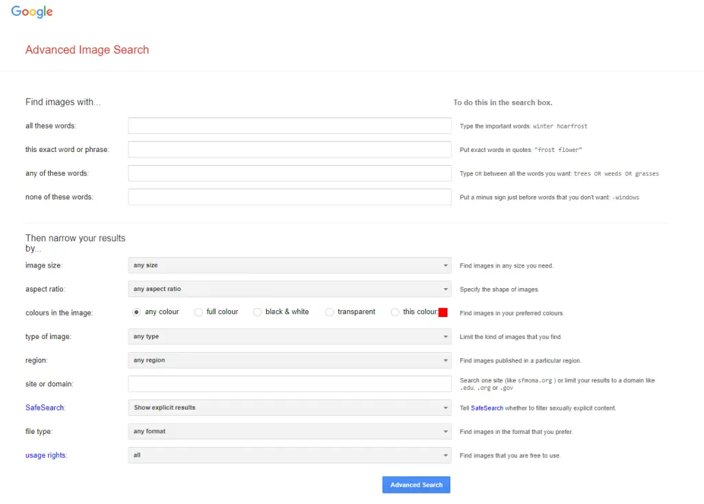 Google Advanced Image Search: All Filters