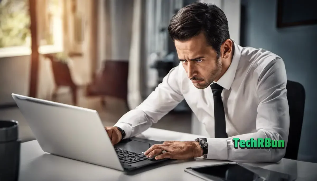 An image showing a person frustrated with a non-functional laptop touchpad