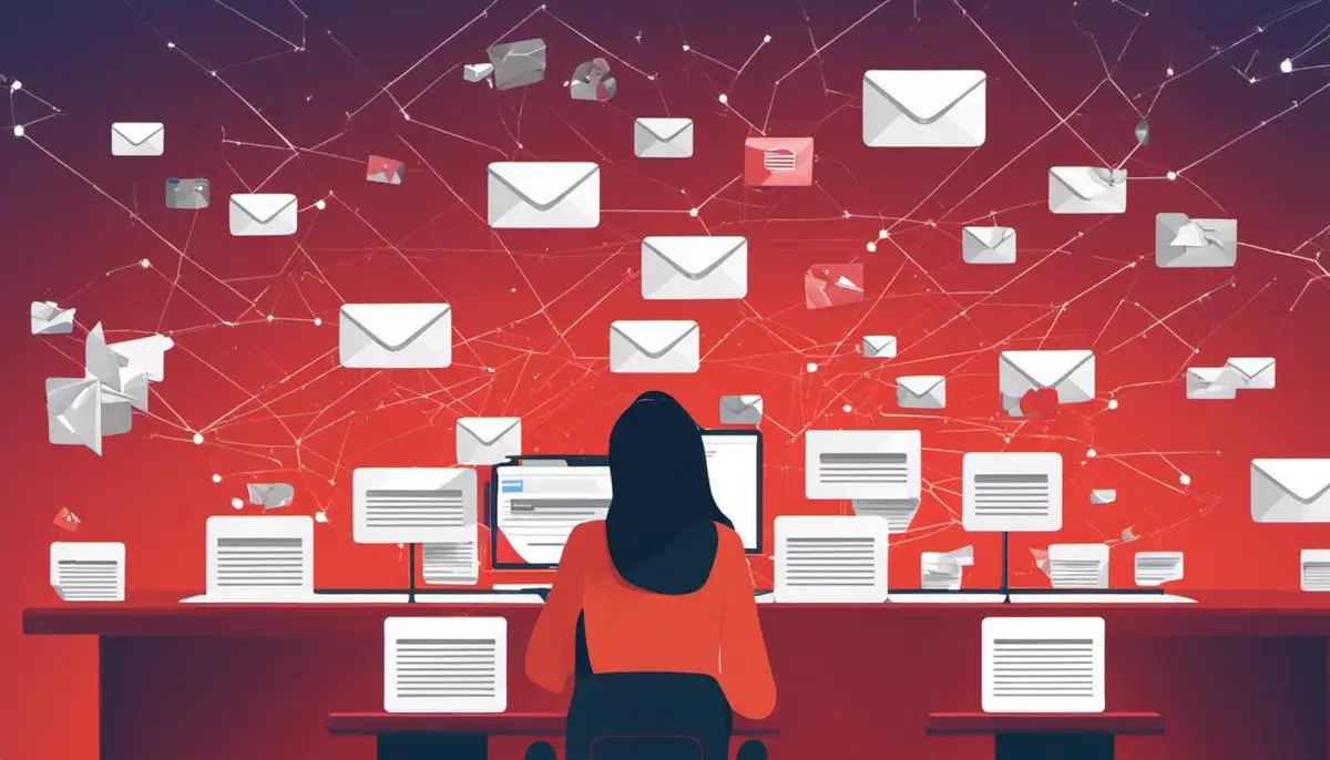 Illustration of a person managing multiple email variations with a Gmail logo in the background.