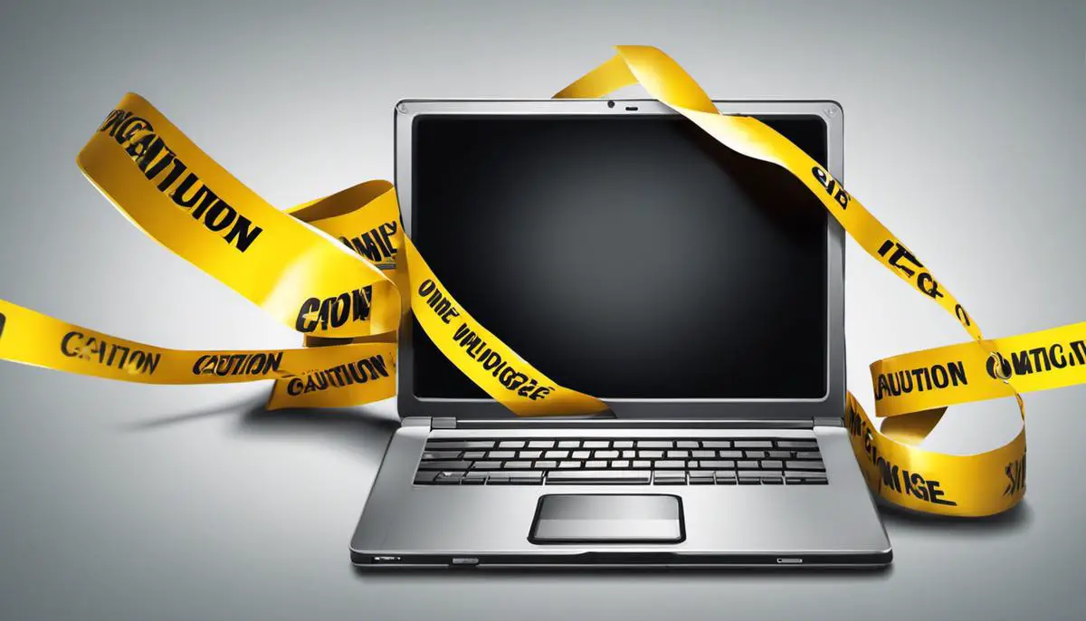 Illustration of a laptop with caution tape around it, symbolizing the risks of using Omegle.