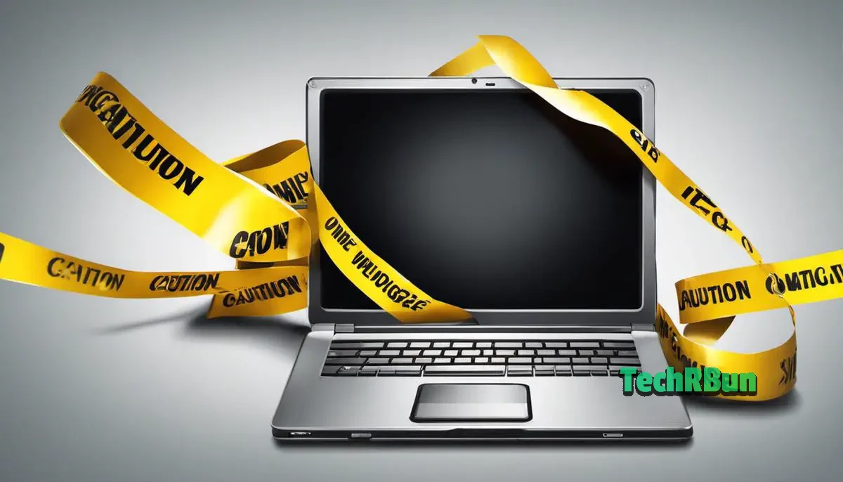 Illustration of a laptop with caution tape around it, symbolizing the risks of using Omegle.