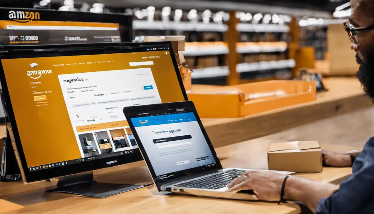 Image depicting Amazon's pre-order system. It shows a person placing an order on their computer with an Amazon logo in the background.