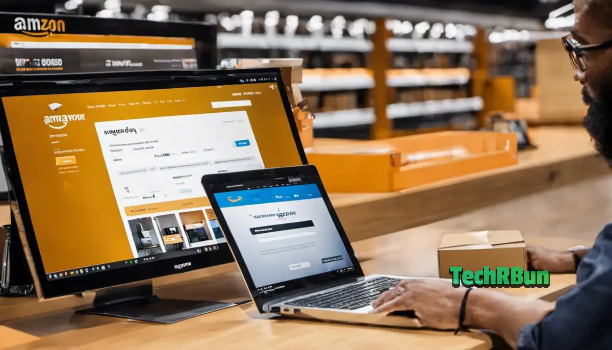 Image depicting Amazon's pre-order system. It shows a person placing an order on their computer with an Amazon logo in the background.