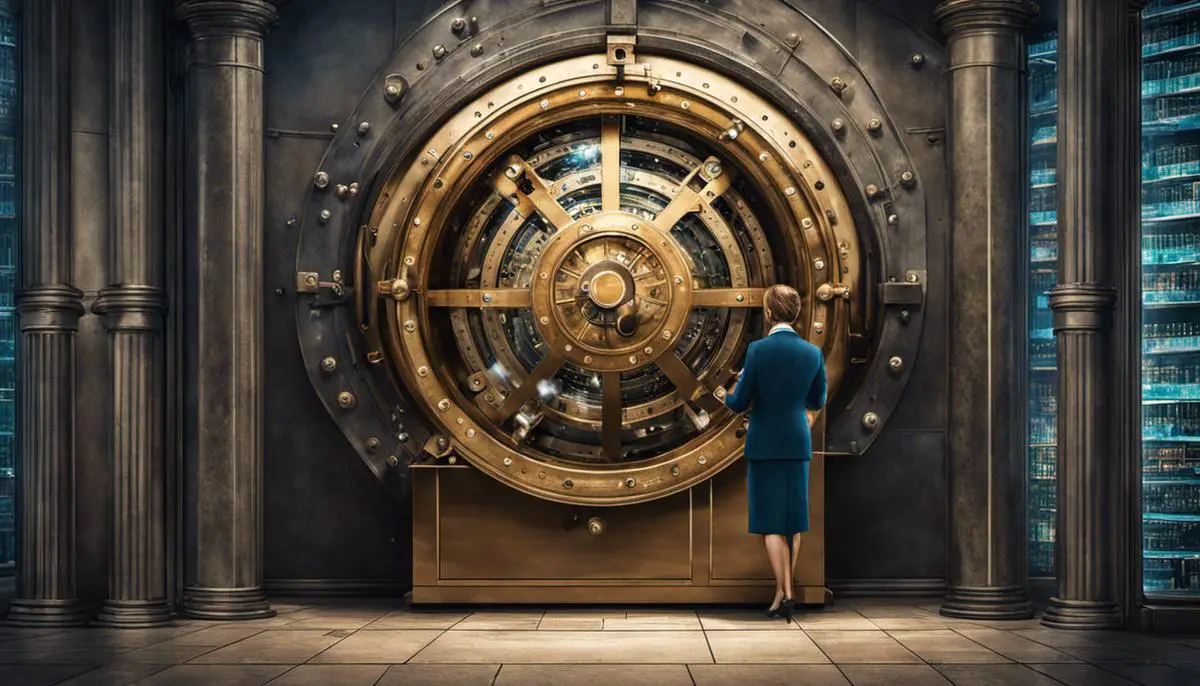 Illustration of a bank vault and government regulators overseeing it to represent the regulatory environment of Atom Bank.