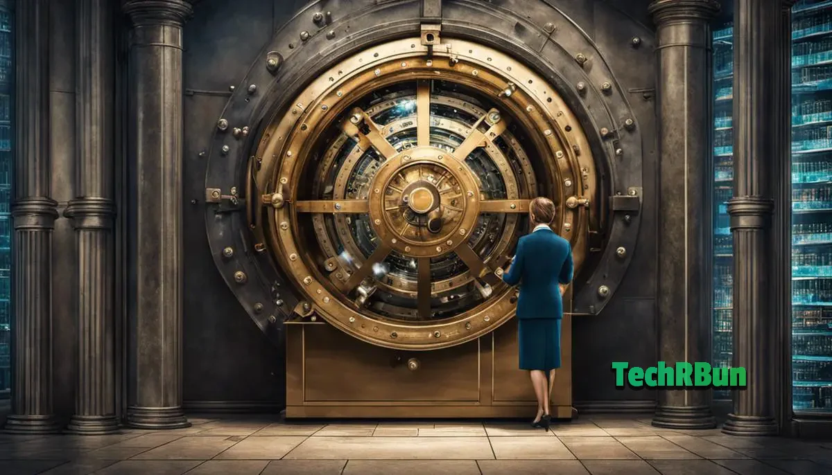 Illustration of a bank vault and government regulators overseeing it to represent the regulatory environment of Atom Bank.