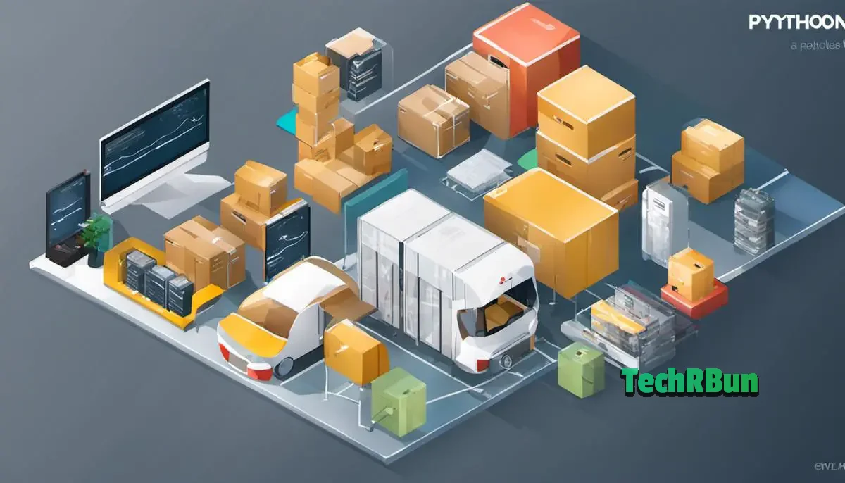 A visual representation of Python environment and packages, showcasing a Python logo surrounded by modules and folders.