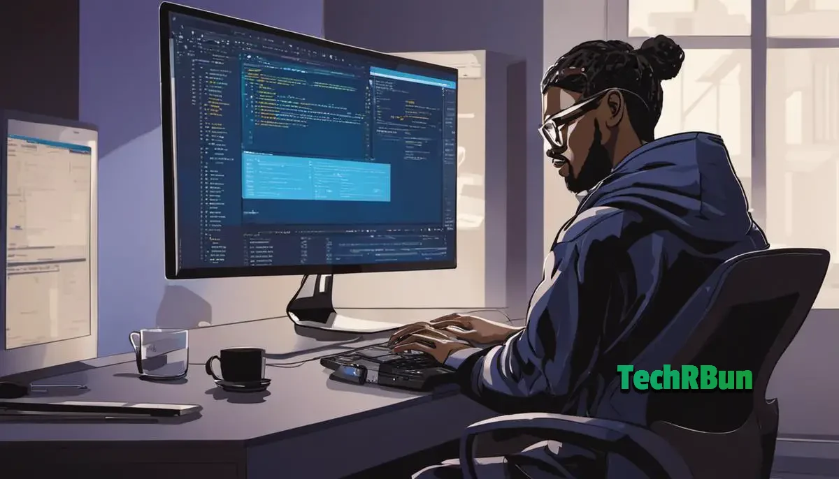 Illustration of a person using Visual Studio Code on a computer screen.