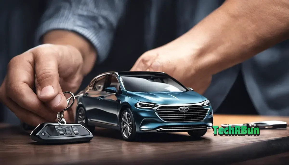Illustration of a person holding a car key fob, showing the process of reprogramming it.