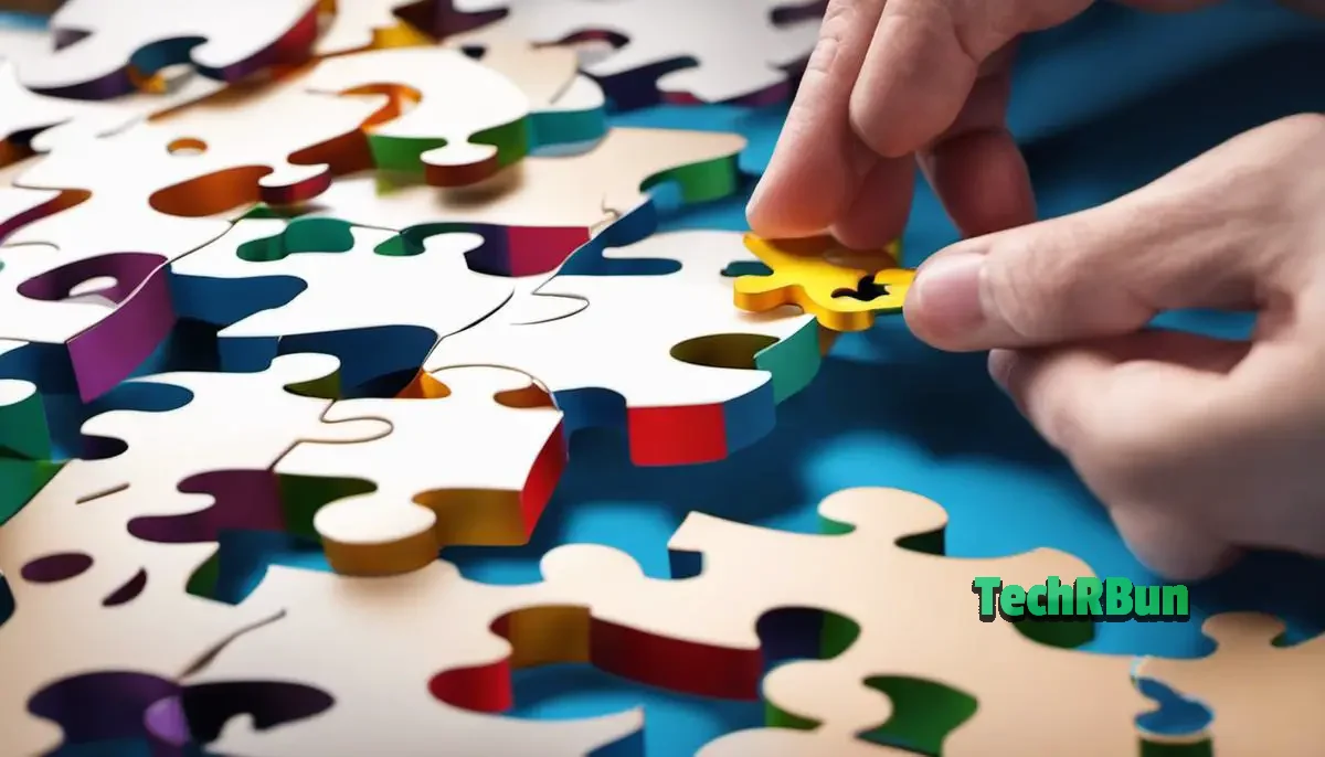 Illustration of a person trying to fit puzzle pieces together, symbolizing the absence of function overloading in JavaScript.