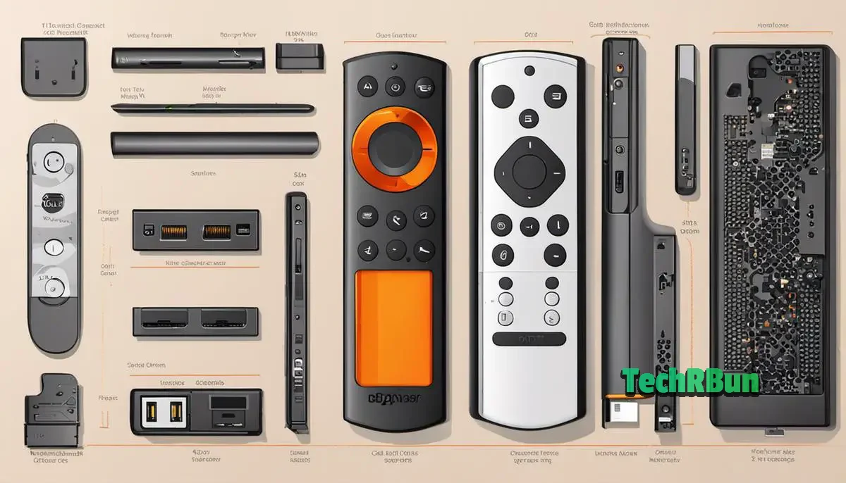 Illustration of a Fire TV Stick with different sections representing various troubleshooting solutions