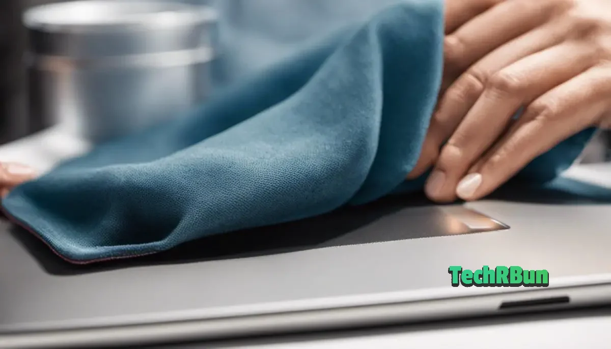 A person cleaning a touchpad with a soft cloth.