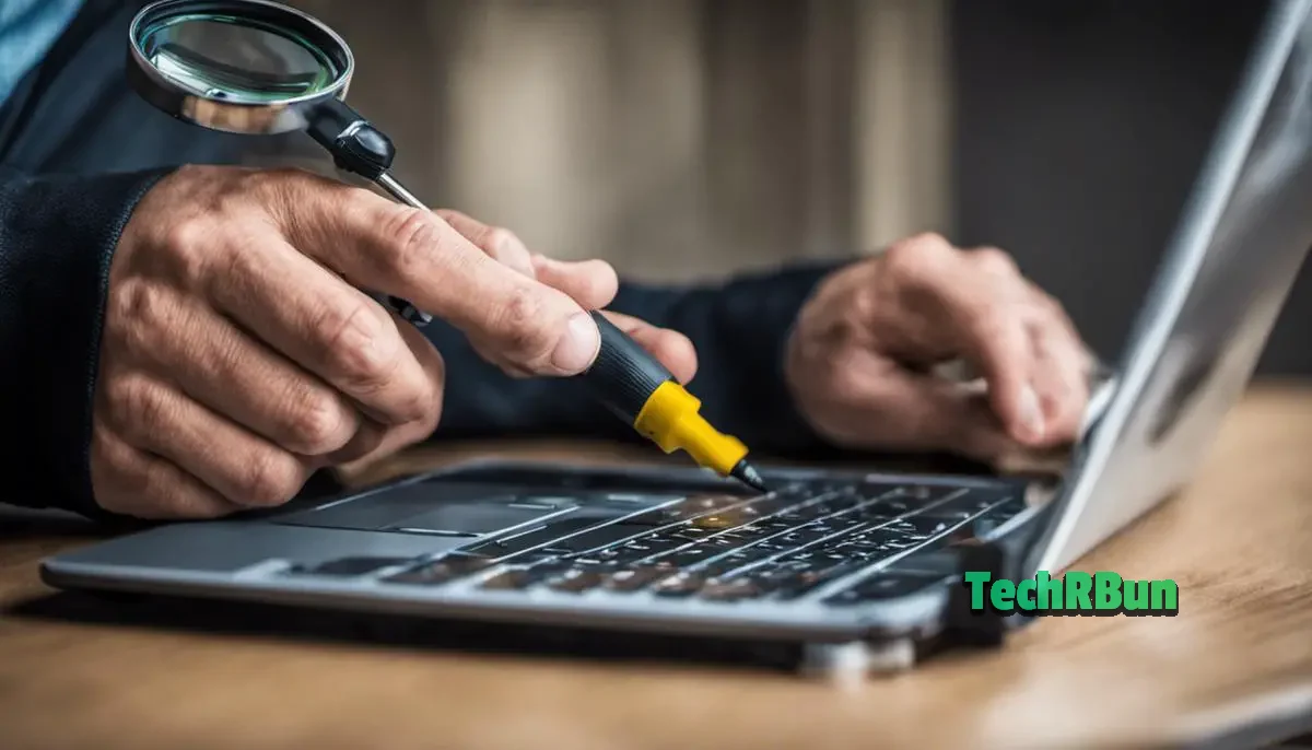 A person fixing a laptop touchpad with a screwdriver and magnifying glass.