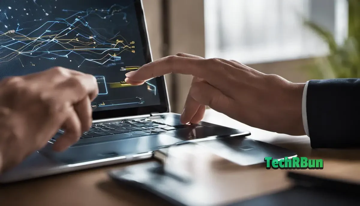 Image of a person using an HP laptop touchpad with arrows pointing to possible causes of touchpad issues.
