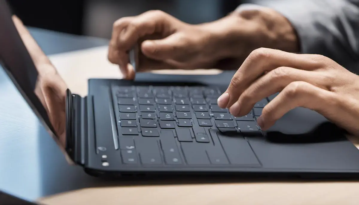 Image of someone using a Samsung Galaxy Book with a touchpad, highlighting the touchpad troubleshooting process.