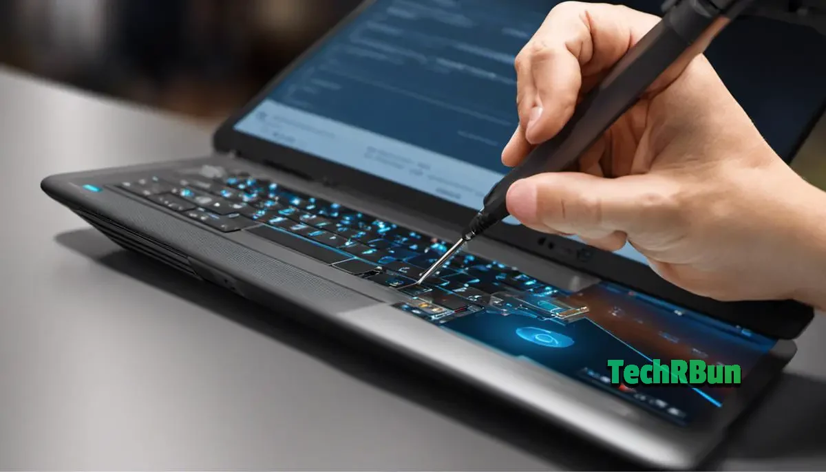 Illustration of a laptop touchpad being updated and fixed