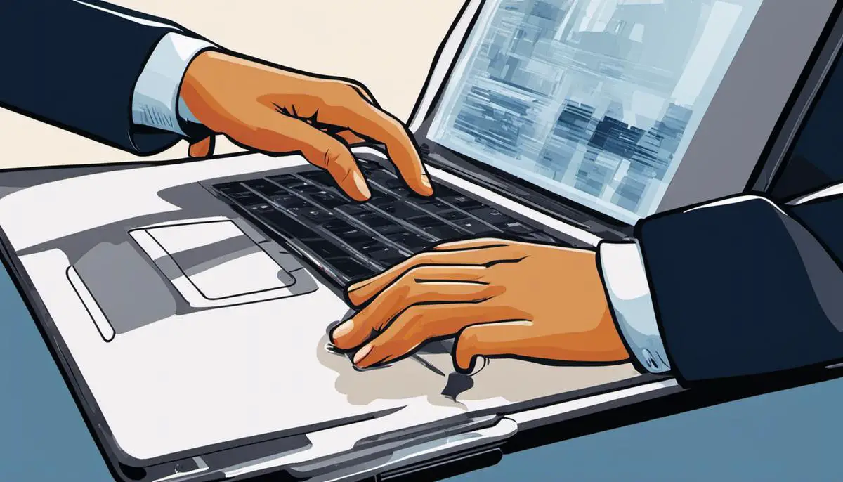 Illustration of a person using a laptop touchpad with their finger on it and a cursor on the laptop screen