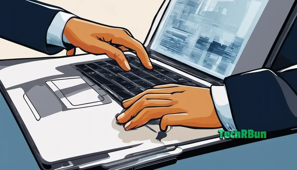 Illustration of a person using a laptop touchpad with their finger on it and a cursor on the laptop screen