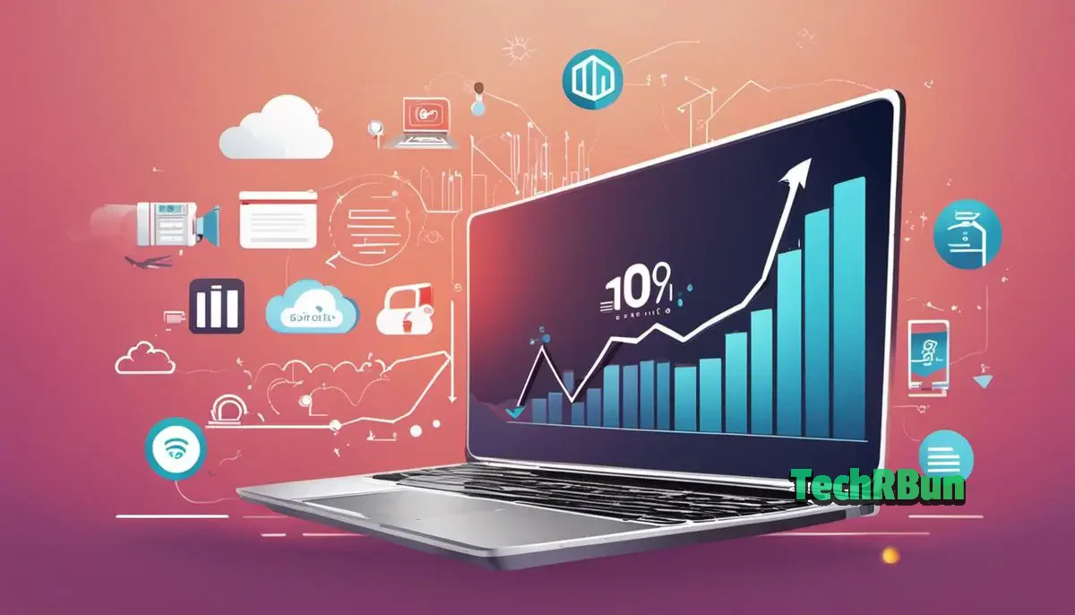 Image representing the success of digital marketing, showing a rising graph with arrows and a smiling person on a laptop.