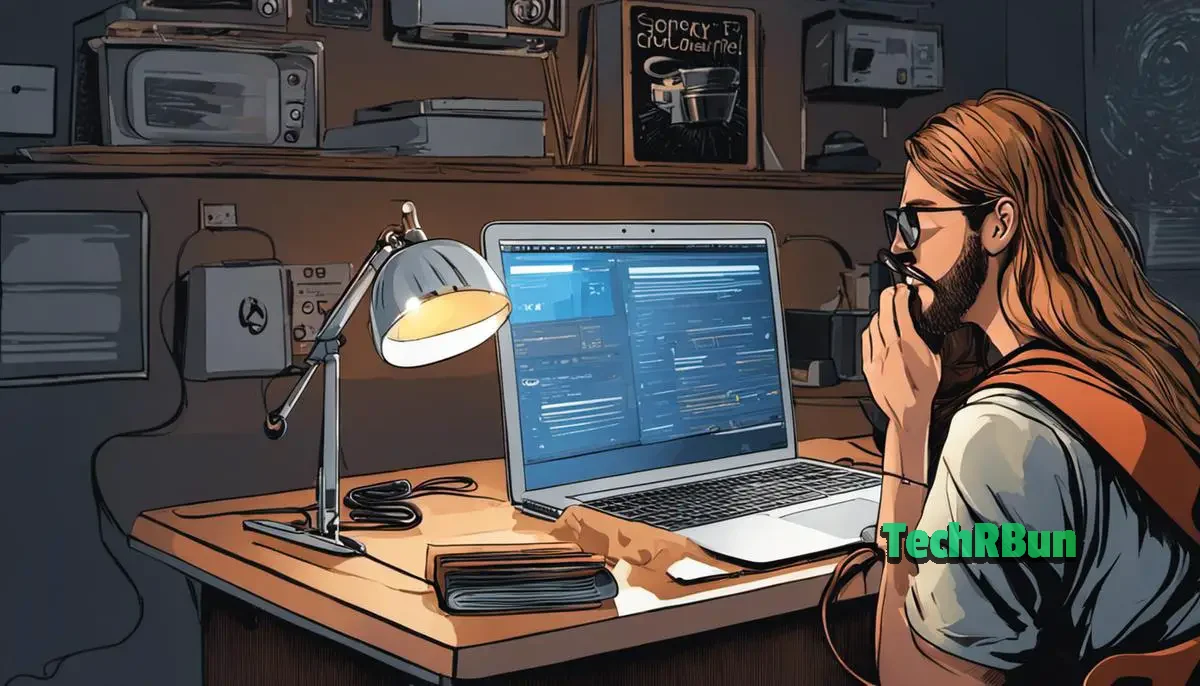 Illustration of a person using a MacBook and performing system updates.