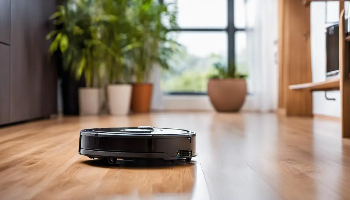 An image showing a Roomba robotic vacuum cleaner in action, autonomously cleaning a floor.