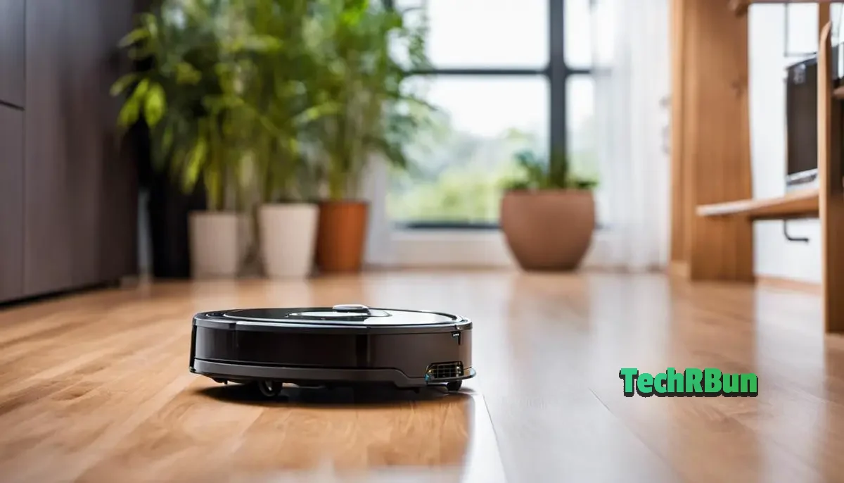 An image showing a Roomba robotic vacuum cleaner in action, autonomously cleaning a floor.