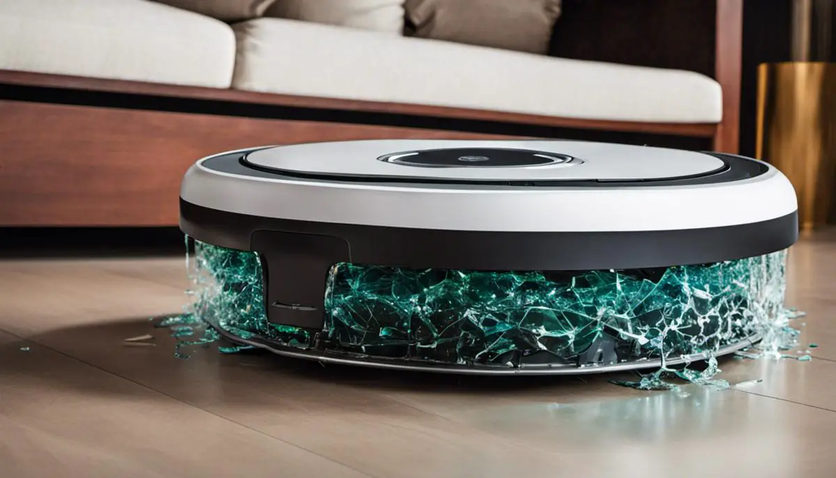 A Roomba vacuum cleaner with a cracked plastic body and shattered glass surrounding it.