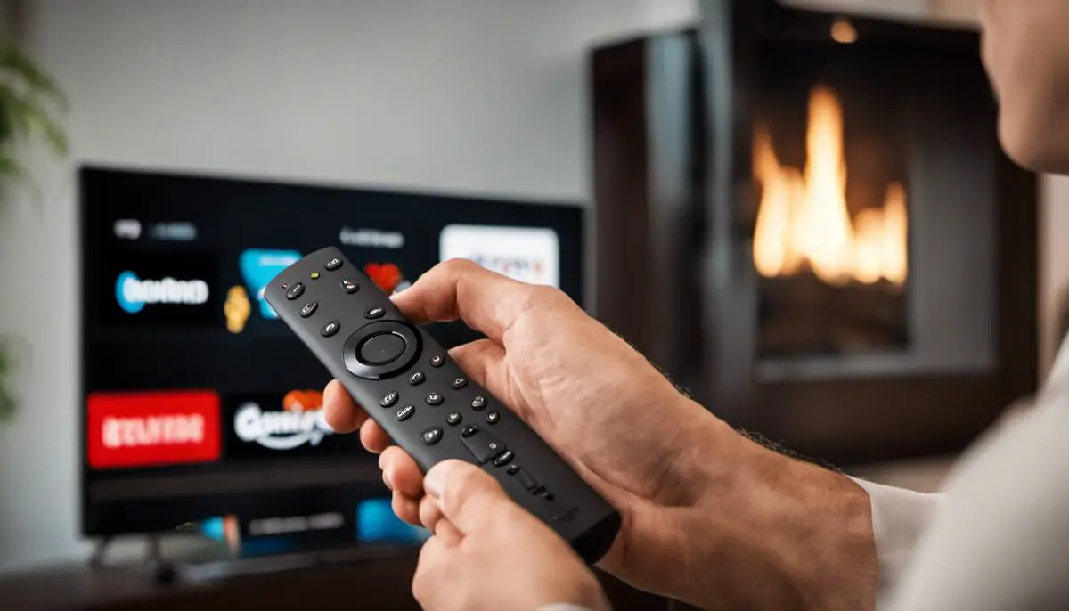 A person holding an Amazon Firestick remote, with a customer service representative on the TV screen providing assistance.
