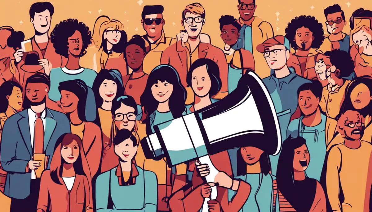 Image illustrating influencer marketing by showing a person holding a megaphone and a group of people surrounding them, representing the amplification of brand reach through influencers.