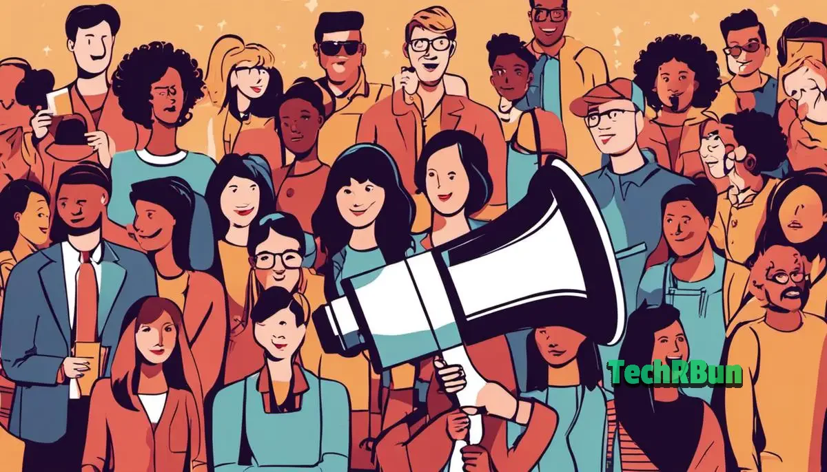 Image illustrating influencer marketing by showing a person holding a megaphone and a group of people surrounding them, representing the amplification of brand reach through influencers.