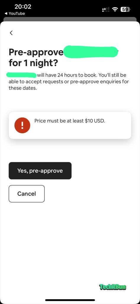 Airbnb "Price must be at least $10 USD," error while pre-approving requests.