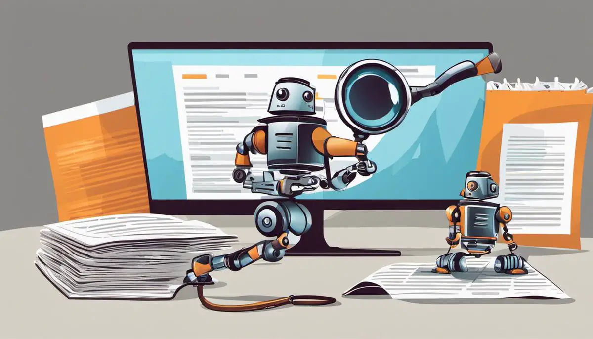 Illustration showing the importance of robots.txt file in SEO strategy, with a magnifying glass on a computer screen with robot crawling on website pages.