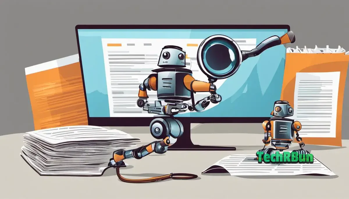 Illustration showing the importance of robots.txt file in SEO strategy, with a magnifying glass on a computer screen with robot crawling on website pages.