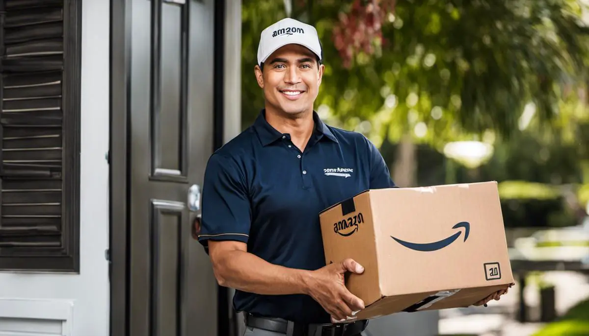 A delivery driver holding an Amazon Flex package, ready for delivery.