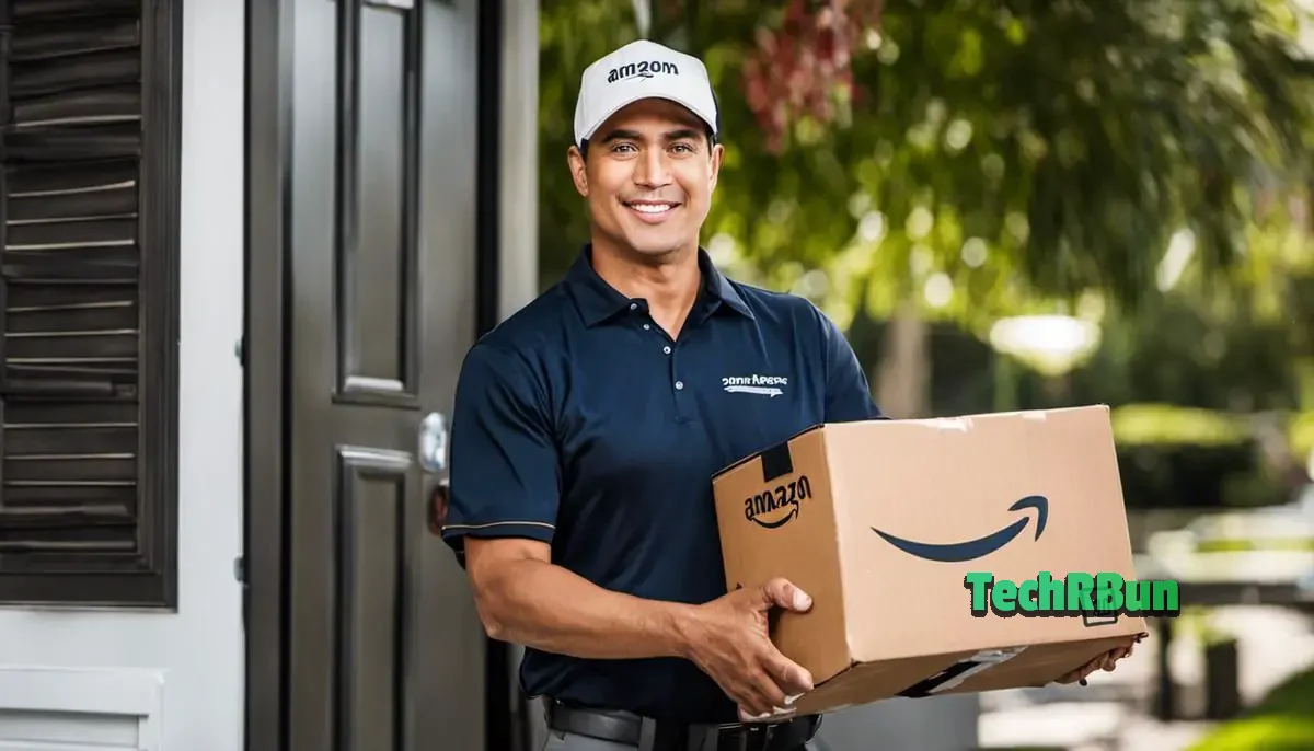 A delivery driver holding an Amazon Flex package, ready for delivery.