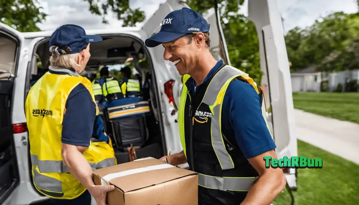 A group of people delivering packages with the Amazon Flex logo on their vests