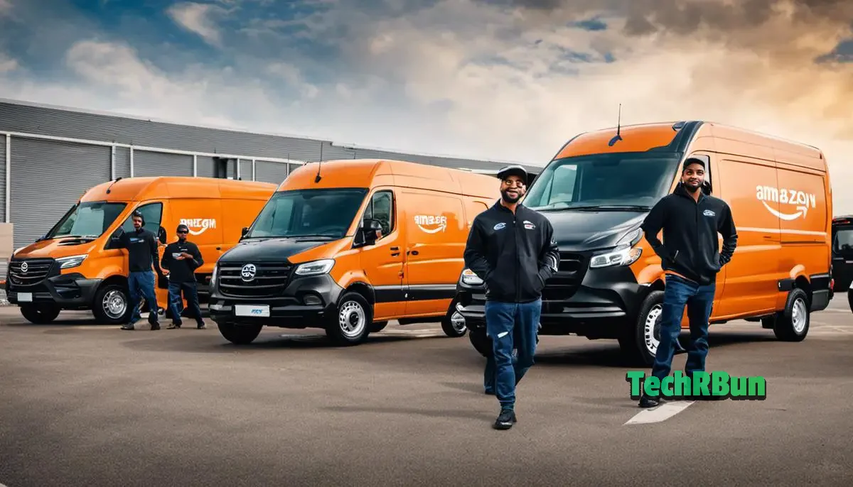 Image Description: A group of delivery drivers with Amazon Flex logo on their vehicles, ready to make customer deliveries.